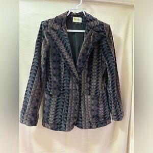 Focus Velvet Blazer Jacket - Brown & Black Geometric Pattern, Boho Retro (S/M)